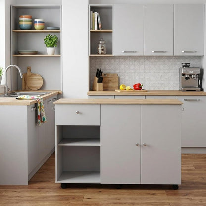 54" Natural and White Wood Flat Door Rolling Kitchen Island With Storage HomeRoots