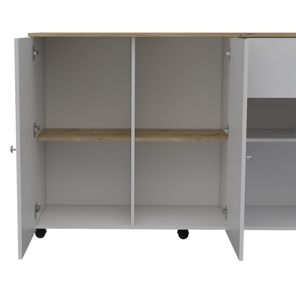 54" Natural and White Wood Flat Door Rolling Kitchen Island With Storage HomeRoots