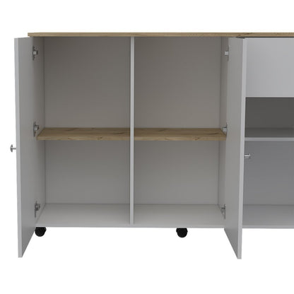 54" Natural and White Wood Flat Door Rolling Kitchen Island With Storage HomeRoots