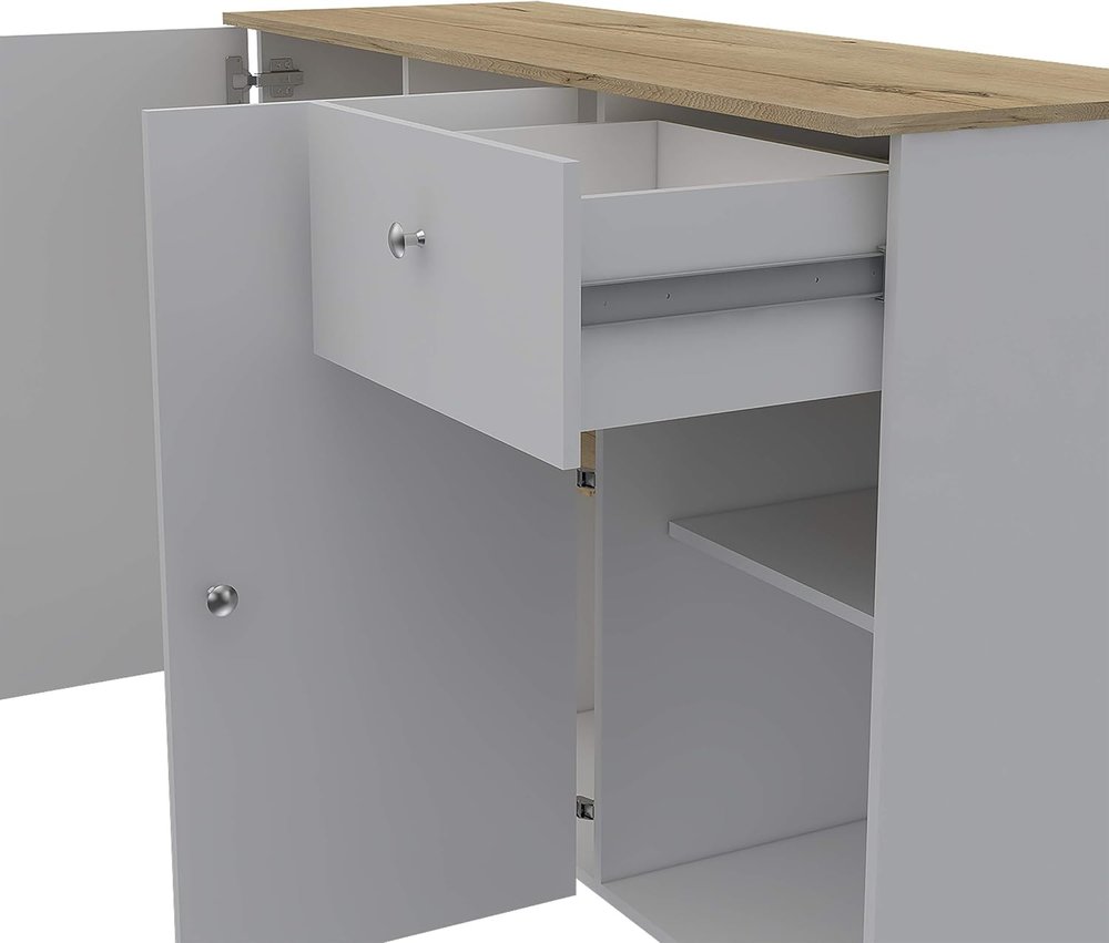 54" Natural and White Wood Flat Door Rolling Kitchen Island With Storage HomeRoots