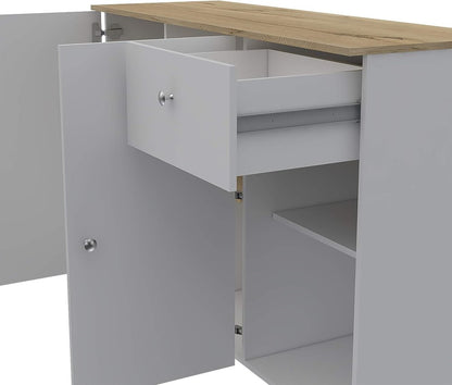 54" Natural and White Wood Flat Door Rolling Kitchen Island With Storage HomeRoots