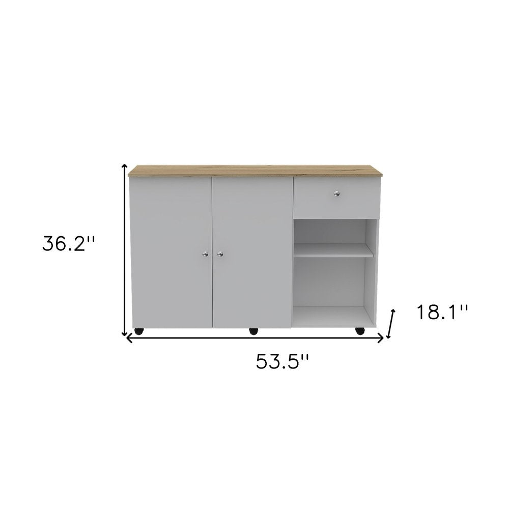 54" Natural and White Wood Flat Door Rolling Kitchen Island With Storage HomeRoots