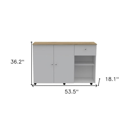 54" Natural and White Wood Flat Door Rolling Kitchen Island With Storage HomeRoots