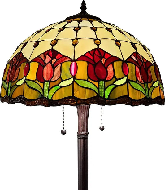 62" Brown Two Light Traditional Shaped Floor Lamp With Red Flowers Stained Glass Dome Shade HomeRoots