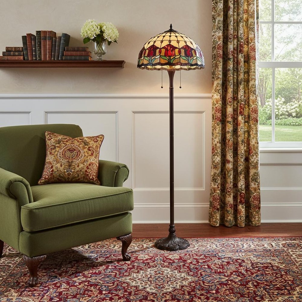 62" Brown Two Light Traditional Shaped Floor Lamp With Red Flowers Stained Glass Dome Shade HomeRoots