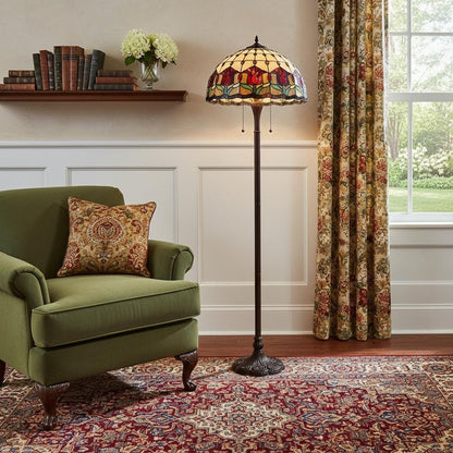 62" Brown Two Light Traditional Shaped Floor Lamp With Red Flowers Stained Glass Dome Shade HomeRoots