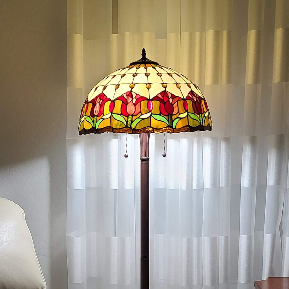 62" Brown Two Light Traditional Shaped Floor Lamp With Red Flowers Stained Glass Dome Shade — view 1
