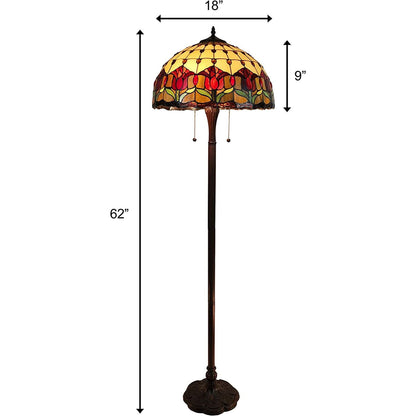 62" Brown Two Light Traditional Shaped Floor Lamp With Red Flowers Stained Glass Dome Shade