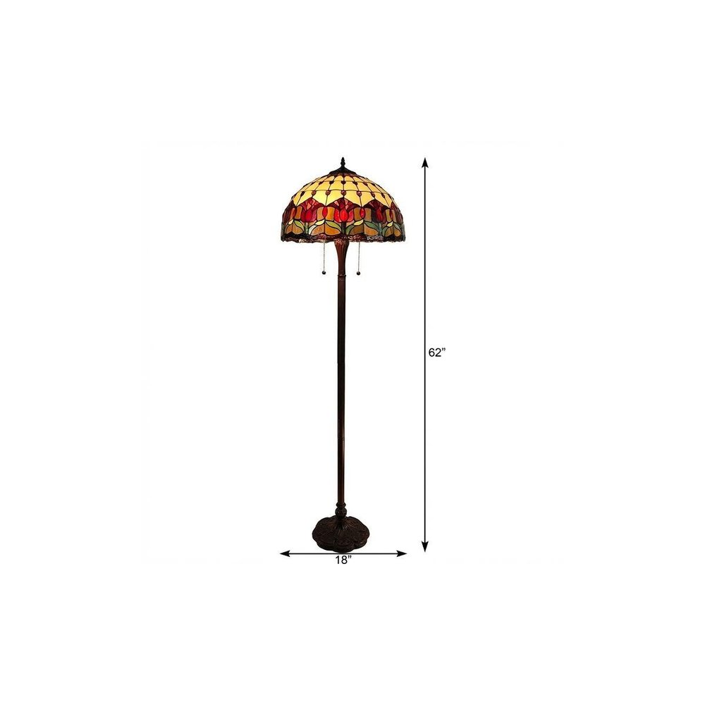 62" Brown Two Light Traditional Shaped Floor Lamp With Red Flowers Stained Glass Dome Shade HomeRoots