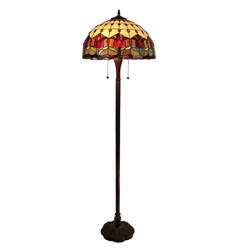 62" Brown Two Light Traditional Shaped Floor Lamp With Red Flowers Stained Glass Dome Shade — view 3