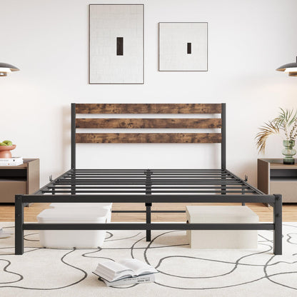 Queen Size Platform Bed Frame with Rustic Vintage Wood Headboard Strong Metal Slats Support Mattress Foundation Rustic Brown - FurniFindUSA
