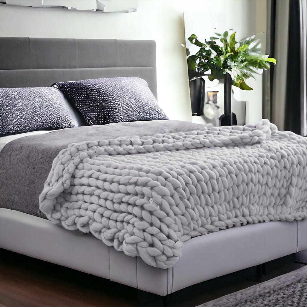 50" X 60" Light Gray Boho Chunky Knit  Throw Blanket HomeRoots