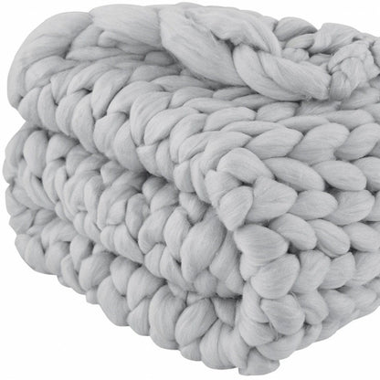 50" X 60" Light Gray Boho Chunky Knit  Throw Blanket HomeRoots