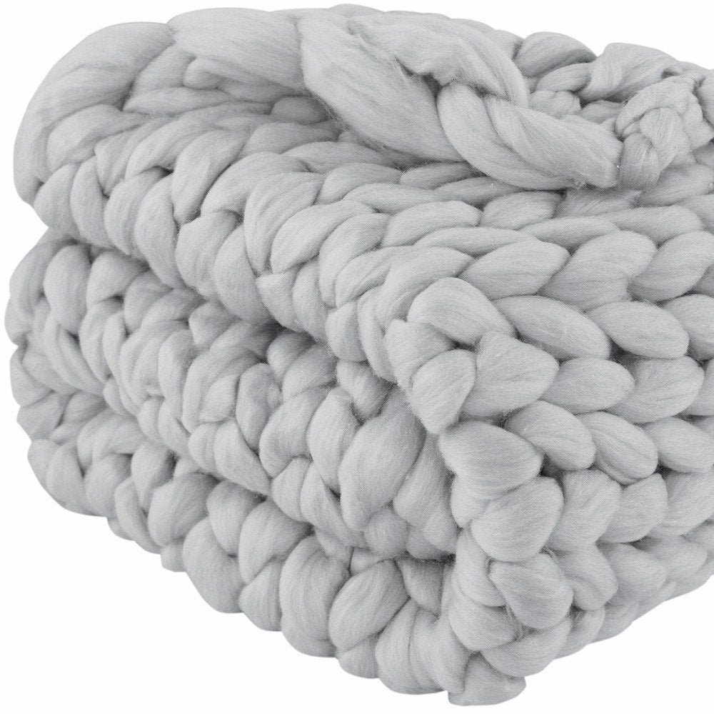 50" X 60" Light Gray Boho Chunky Knit  Throw Blanket HomeRoots