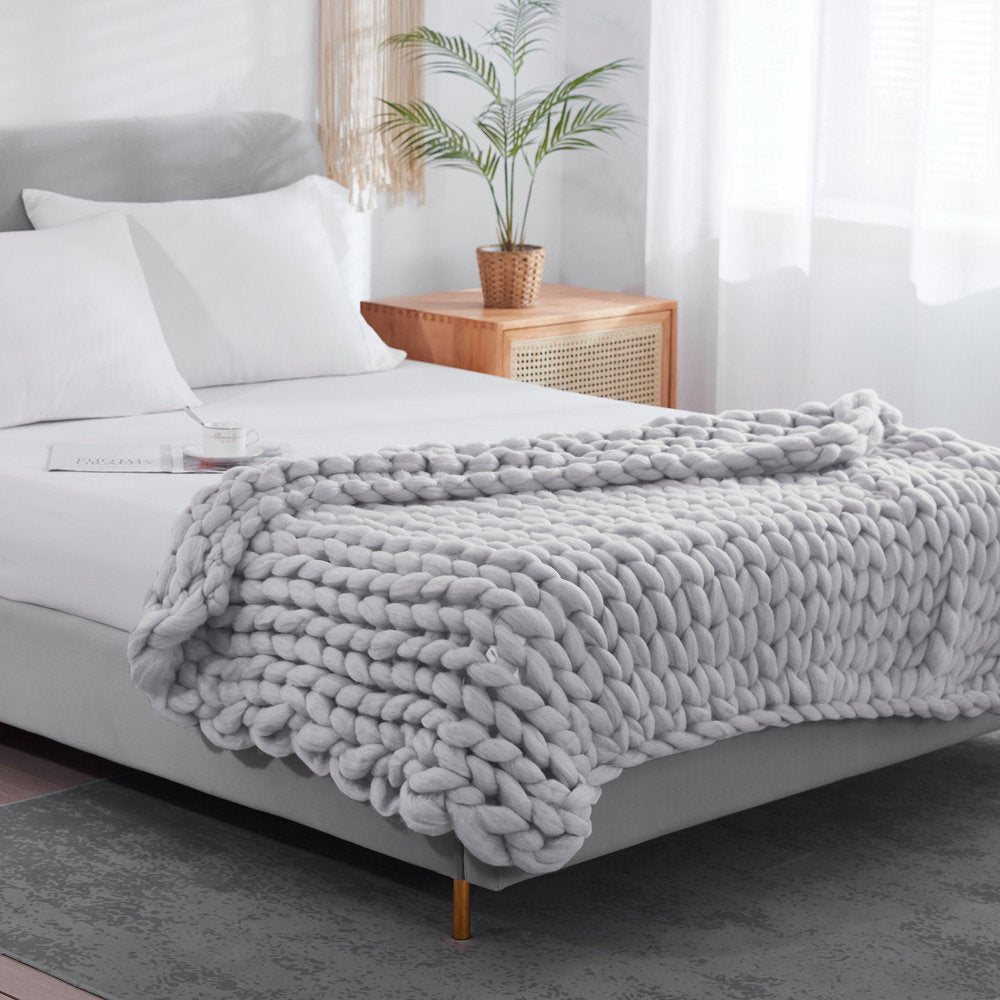 50" X 60" Light Gray Boho Chunky Knit  Throw Blanket HomeRoots