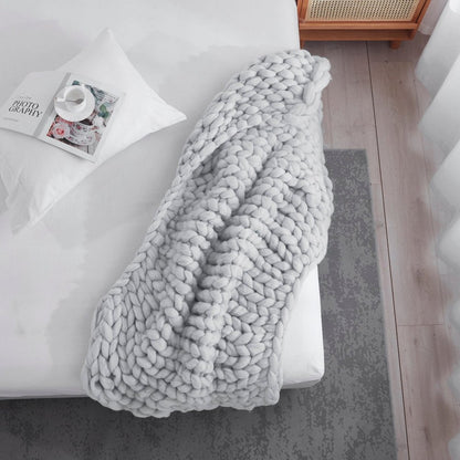 50" X 60" Light Gray Boho Chunky Knit  Throw Blanket HomeRoots