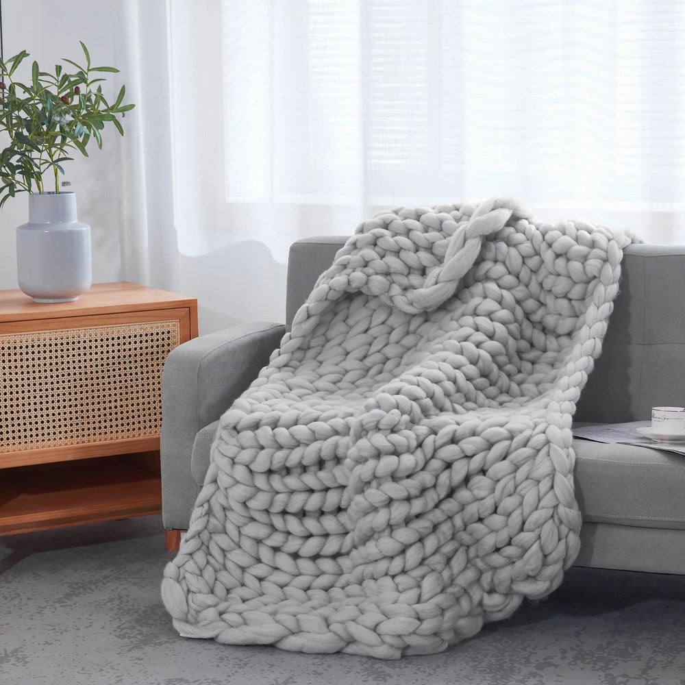 50" X 60" Light Gray Boho Chunky Knit  Throw Blanket HomeRoots