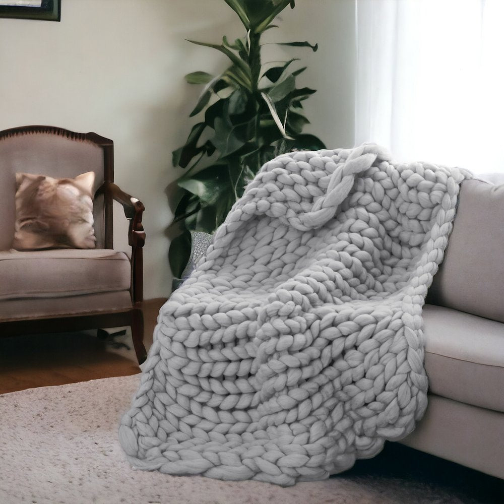 50" X 60" Light Gray Boho Chunky Knit  Throw Blanket HomeRoots