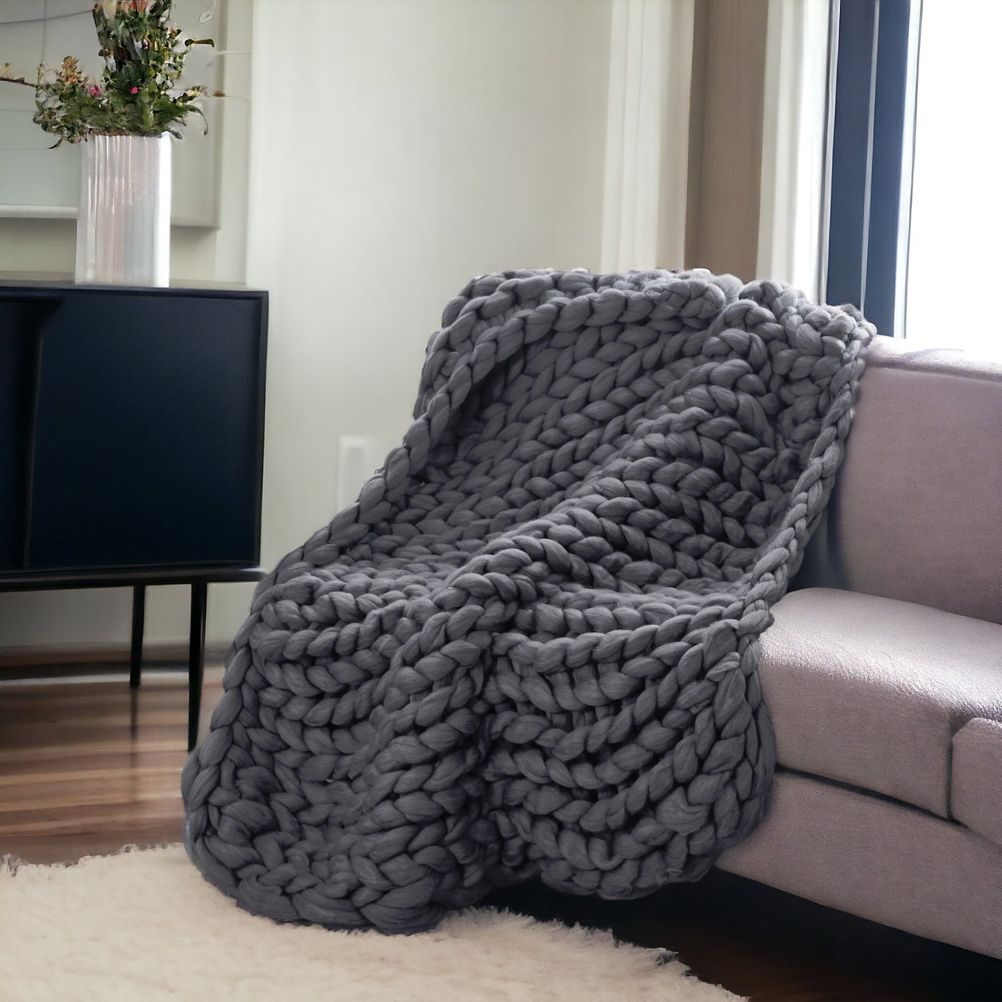 Dark Grey Boho Chunky Knit Throw Blanket