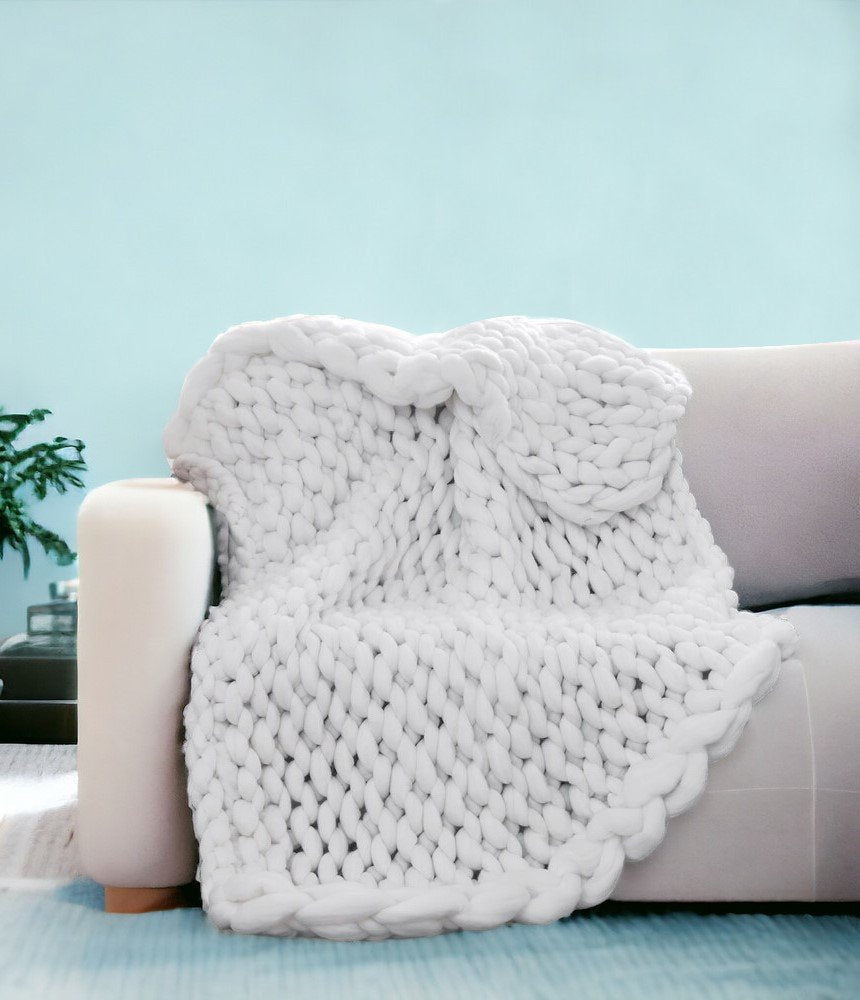 White Chunky Knit Throw Blanket HomeRoots
