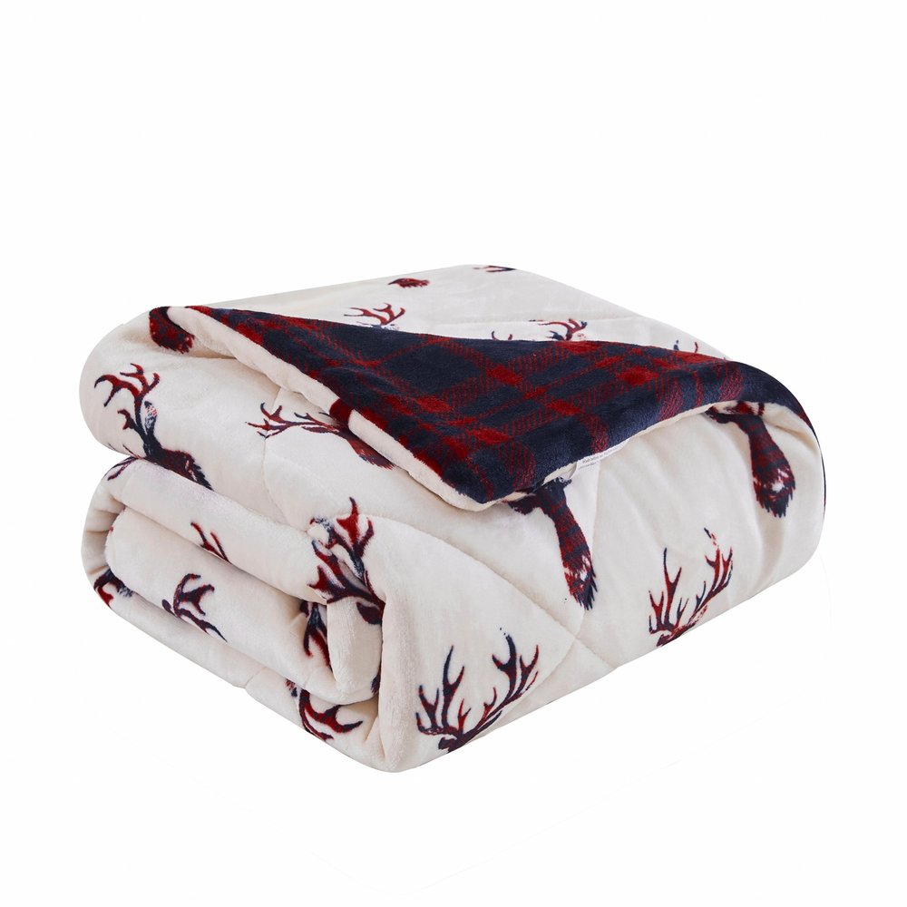 Deer Head Red Navy Printed Velvet and Velvet Throw Blanket HomeRoots