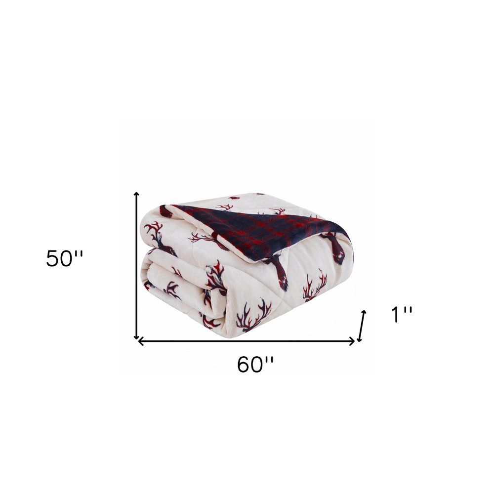 Deer Head Red Navy Printed Velvet and Velvet Throw Blanket HomeRoots