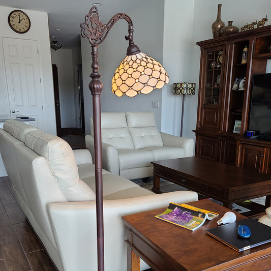 62" Brown Traditional Shaped Floor Lamp With White Stained Glass Bowl Shade