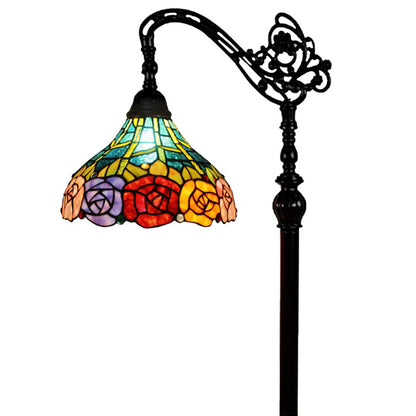 74" Brown Traditional Shaped Floor Lamp With Blue Red And Yellow Flowers Stained Glass Dome Shade