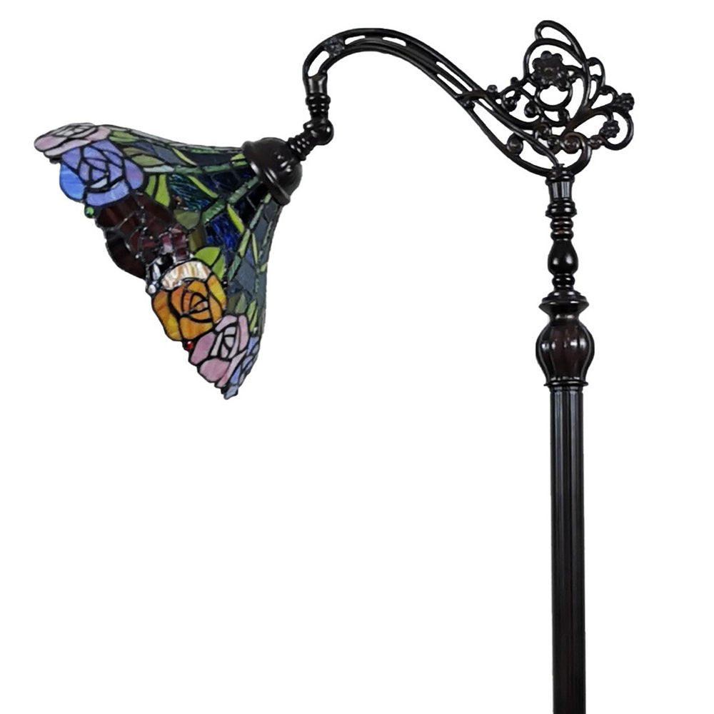 62" Brown Torchiere Floor Lamp With Blue and Yellow Flowers Glass Dome Shade HomeRoots