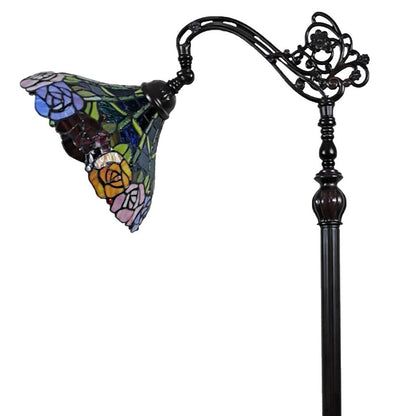 62" Brown Torchiere Floor Lamp With Blue and Yellow Flowers Glass Dome Shade HomeRoots