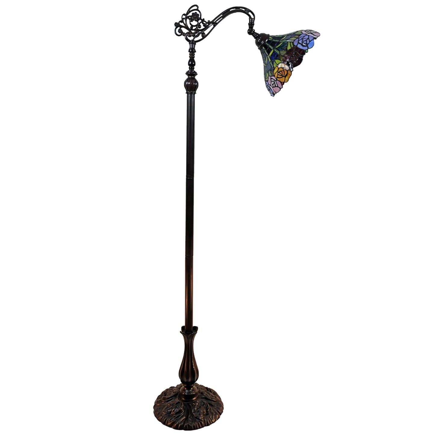 62" Brown Torchiere Floor Lamp With Blue and Yellow Flowers Glass Dome Shade