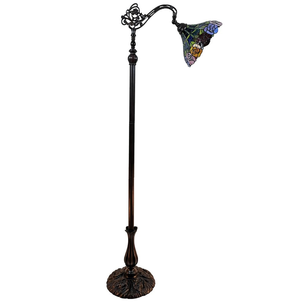 62" Brown Torchiere Floor Lamp With Blue and Yellow Flowers Glass Dome Shade HomeRoots