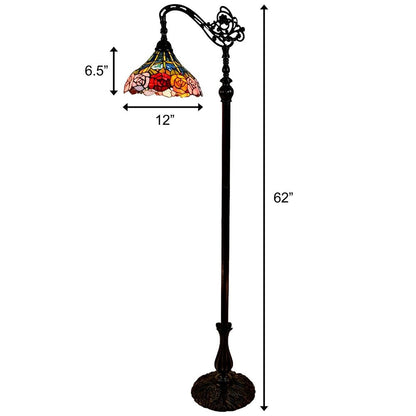 62" Brown Torchiere Floor Lamp With Blue and Yellow Flowers Glass Dome Shade HomeRoots