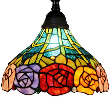 62" Brown Torchiere Floor Lamp With Blue and Yellow Flowers Glass Dome Shade HomeRoots