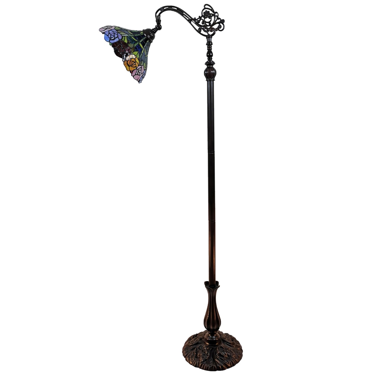 74" Brown Traditional Shaped Floor Lamp With Blue Red And Yellow Flowers Stained Glass Dome Shade