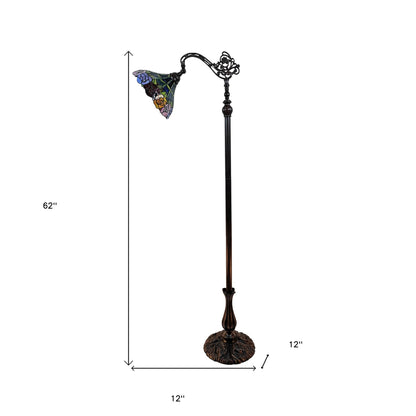 62" Brown Torchiere Floor Lamp With Blue and Yellow Flowers Glass Dome Shade