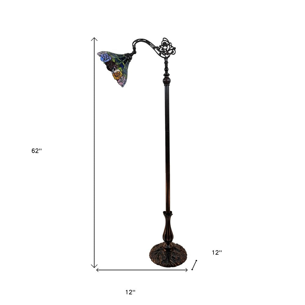 62" Brown Torchiere Floor Lamp With Blue and Yellow Flowers Glass Dome Shade HomeRoots