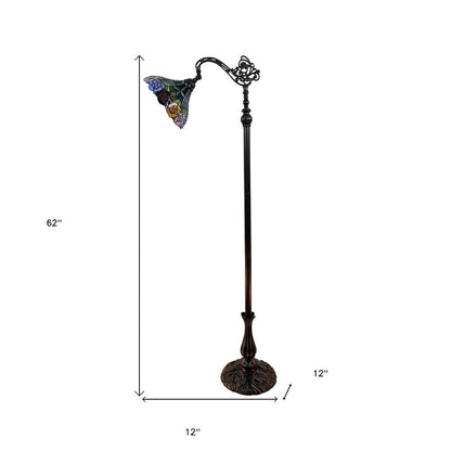 62" Brown Torchiere Floor Lamp With Blue and Yellow Flowers Glass Dome Shade HomeRoots
