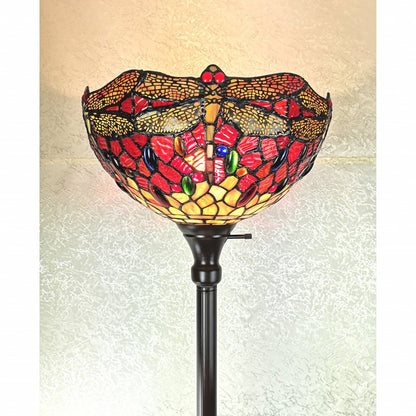 69" Black And Red Torchiere Floor Lamp With Red Dragonfly Glass Dome Shade HomeRoots