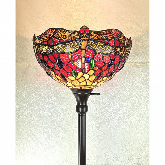 69" Black And Red Torchiere Floor Lamp With Red Dragonfly Glass Dome Shade HomeRoots
