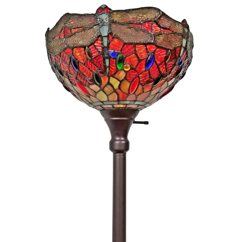 69" Black And Red Torchiere Floor Lamp With Red Dragonfly Glass Dome Shade HomeRoots