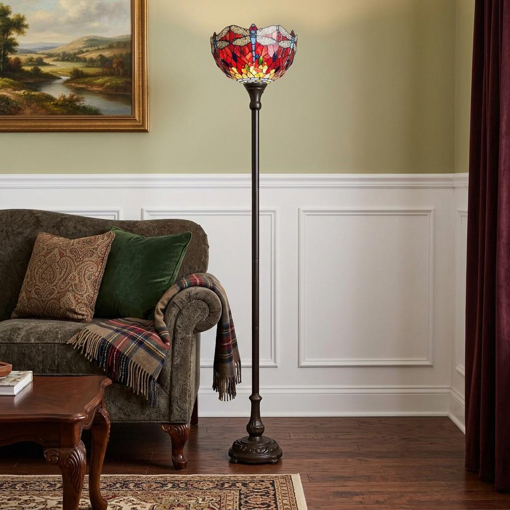 69" Black And Red Torchiere Floor Lamp With Red Dragonfly Glass Dome Shade HomeRoots