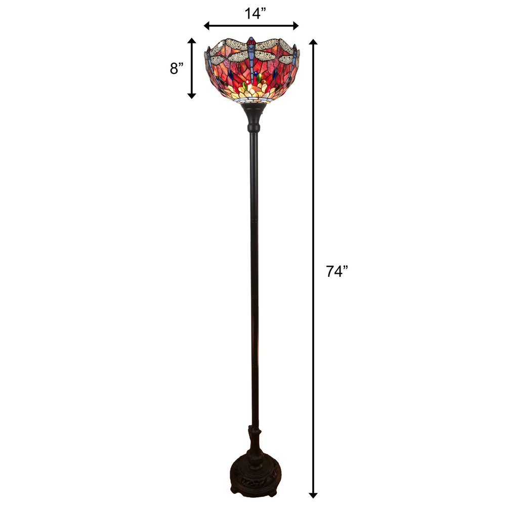 69" Black And Red Torchiere Floor Lamp With Red Dragonfly Glass Dome Shade — view 3