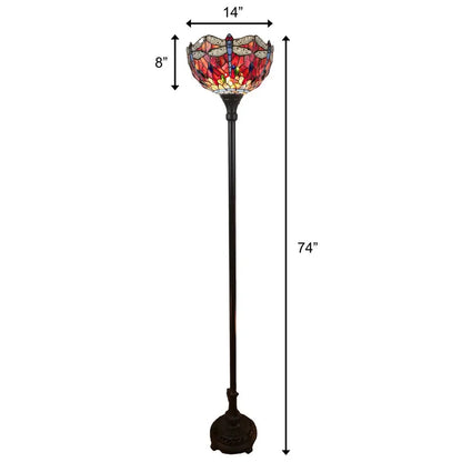 69" Black And Red Torchiere Floor Lamp With Red Dragonfly Glass Dome Shade HomeRoots