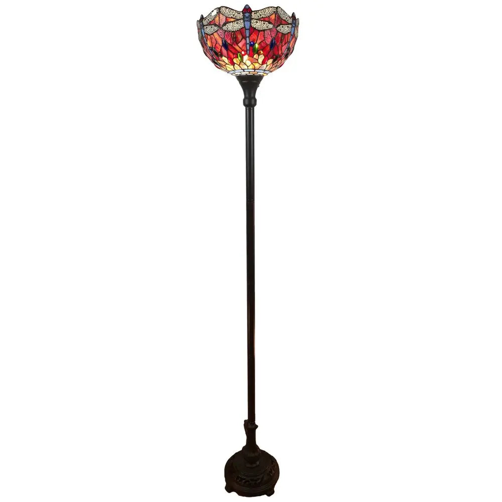 69" Black And Red Torchiere Floor Lamp With Red Dragonfly Glass Dome Shade HomeRoots
