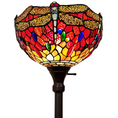 69" Brown Traditional Shaped Floor Lamp With Red Yellow And Brown Dragonfly Stained Glass Dome Shade