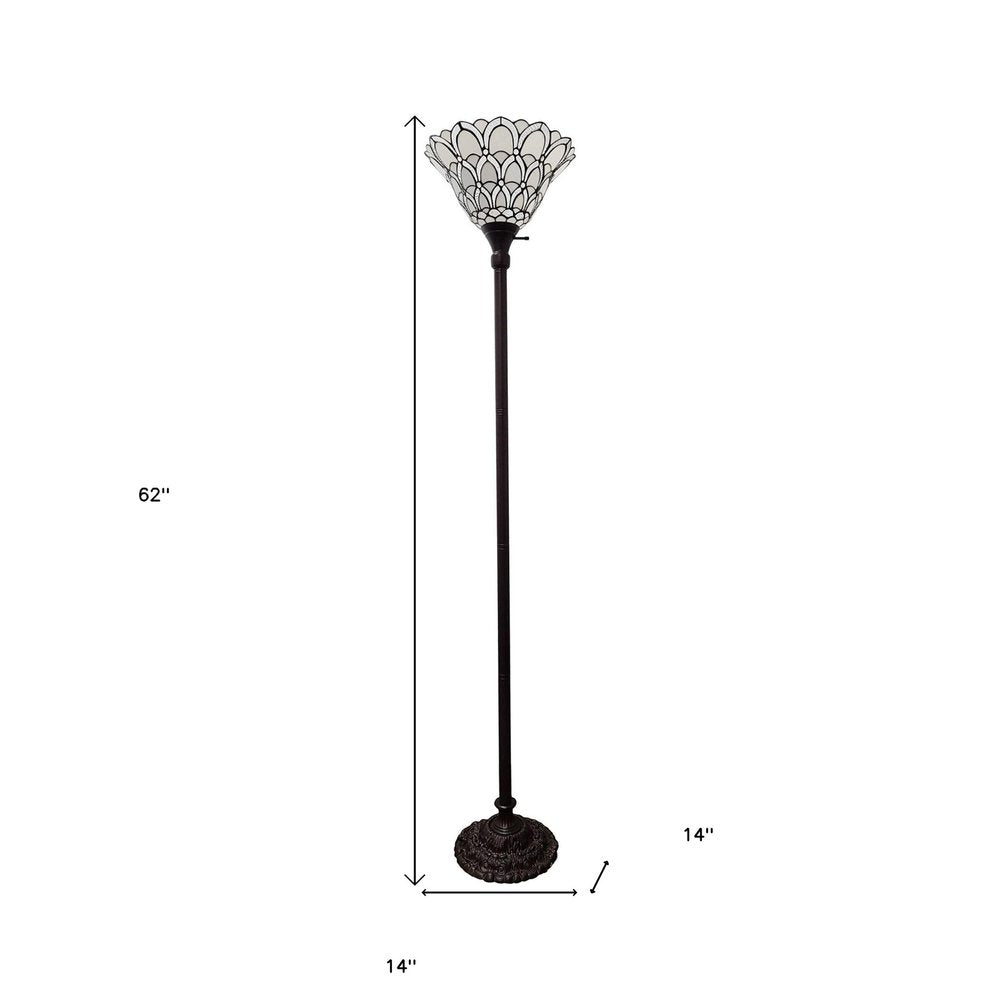 62" Brown And White Floor Lamp With White Peacock Feather Glass Bell Shade HomeRoots