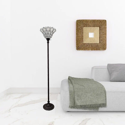 62" Brown And White Floor Lamp With White Peacock Feather Glass Bell Shade HomeRoots