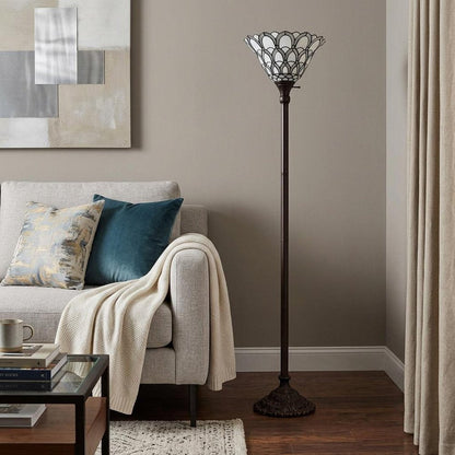 62" Brown And White Floor Lamp With White Peacock Feather Glass Bell Shade HomeRoots