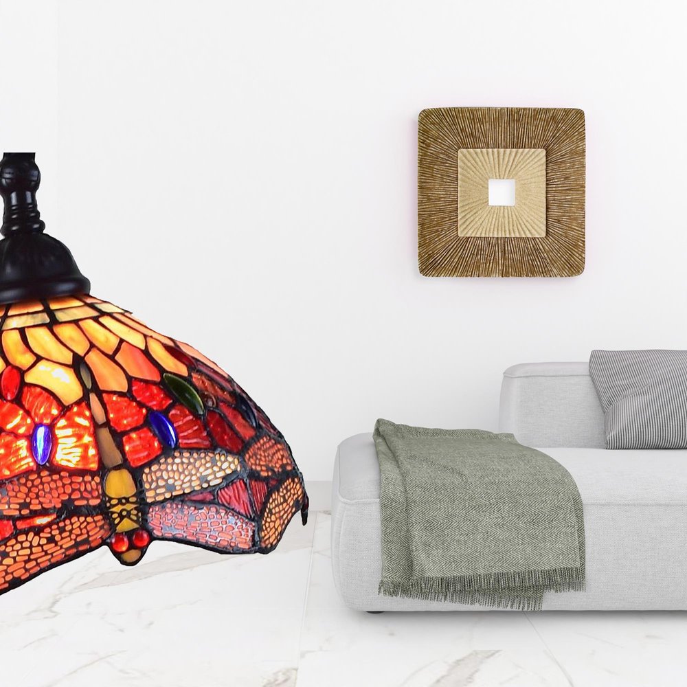 61" Black And Red Torchiere Floor Lamp With Red Dragonfly Glass Dome Shade HomeRoots